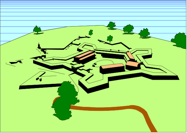 The image shows a topographical map of an area with various structures such as buildings and roads depicted on it against a green background that represents vegetation.