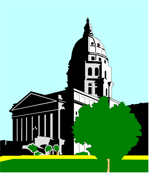 The image shows a stylized illustration of an old building with columns that resembles a church steeple against a blue sky background; it is depicted in black-and-white line drawing form without color, and there's no text present on this clip art piece.