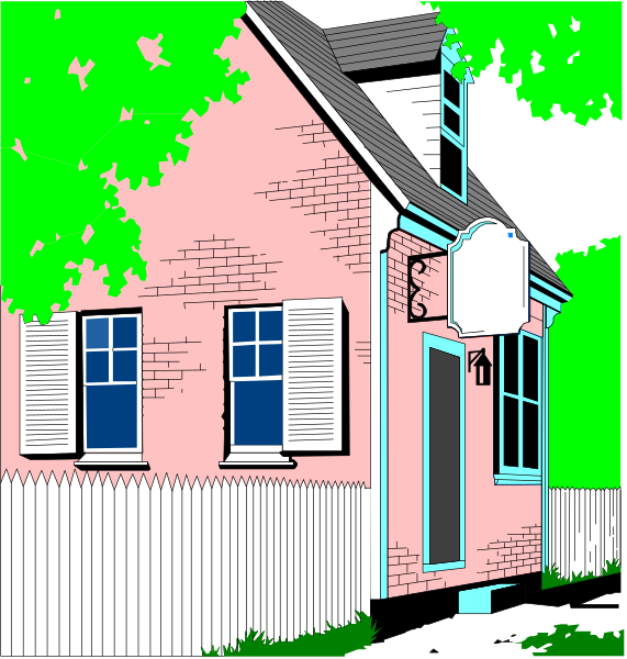 The illustration depicts a pink house with white trim on its windows and door frame, situated next to an old-fashioned street lamp post in front of it. There is no visible text within this image.