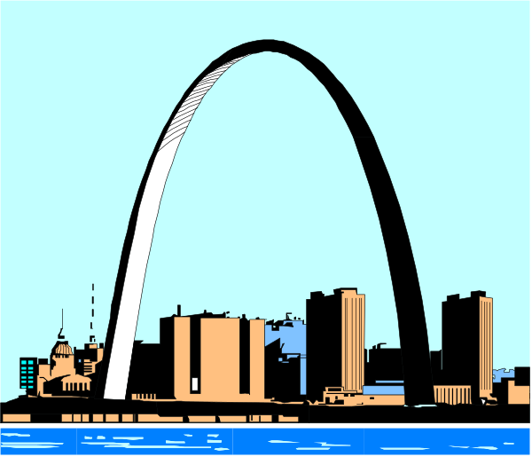 The image shows a stylized illustration of an iconic archway bridge with buildings on either side against a blue sky background.