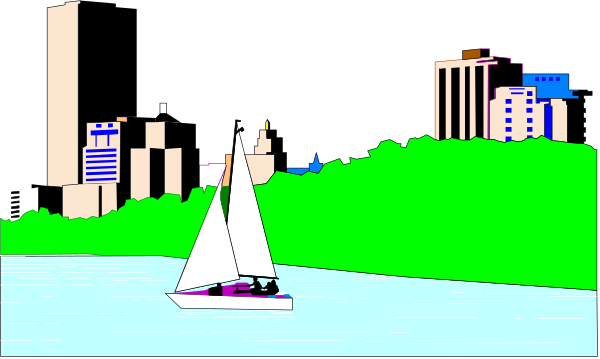 The image shows a cartoon depiction of an urban skyline with buildings on both sides under nighttime conditions; there is water in front where two sailboats can be seen floating near each other, one closer to the foreground and another further away towards the right side of the frame.