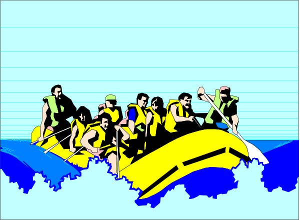 The image shows a group of six individuals on an inflatable raft with paddles, navigating through water under bright sunlight.