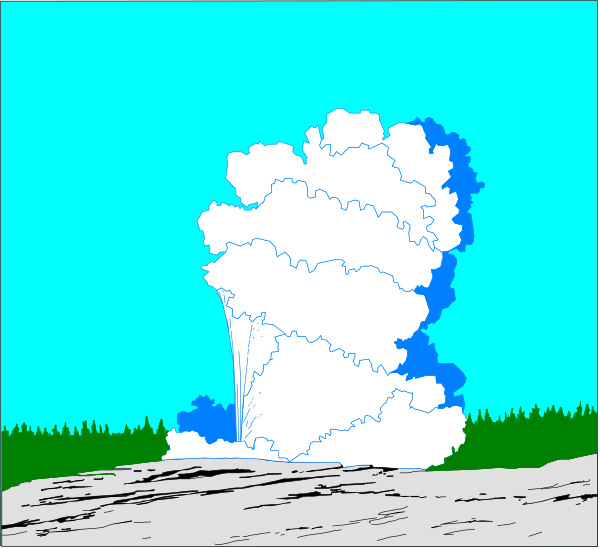 The image shows a cartoon of an explosion with smoke rising from it on land next to water under blue sky; there is no text present in this clip-art illustration.