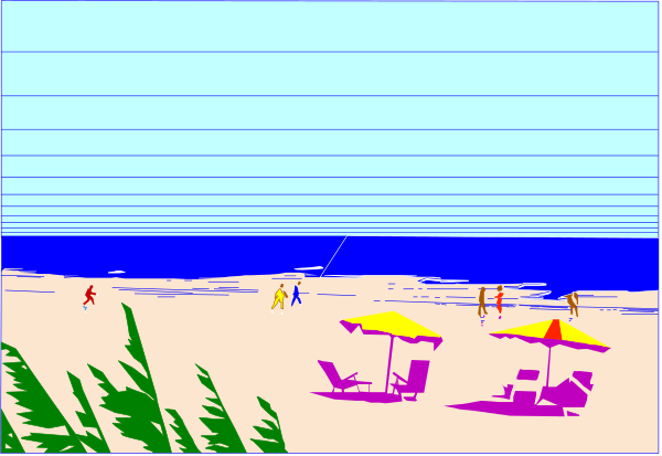 The image shows a beach scene with sandy shores, blue ocean water, palm trees on both sides of the frame, two umbrellas in use by individuals who appear to be enjoying their time at the beach, and an overcast sky above it all.
