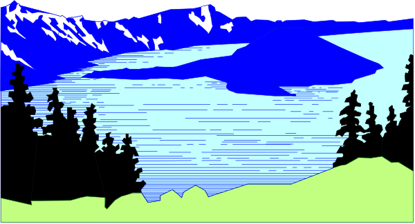 The image shows a serene landscape with mountains on either side of a lake under an overcast sky at dusk.