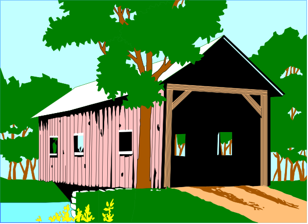 The image shows a rural scene with an old barn next to trees under what appears to be clear skies during daylight hours.
