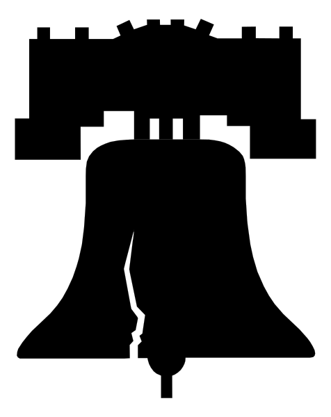 The black and white silhouette of a bell with an open top inside another larger shape that could be interpreted as either a person's head wearing glasses or possibly just two overlapping circles forming a patterned design, set against a dark background.