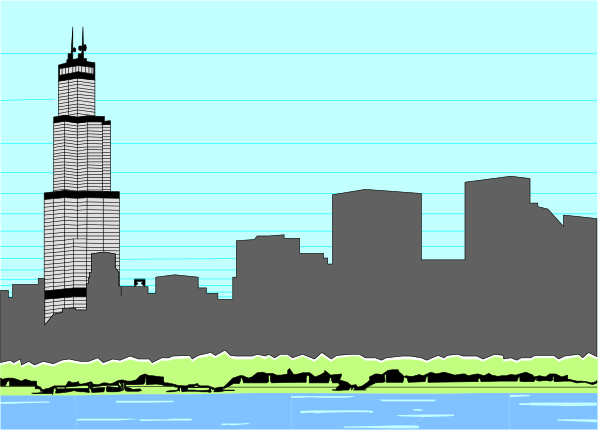 The image shows a black and white cityscape with skyscrapers against an overcast sky; there is no visible text in this clip-art illustration of urban architecture.