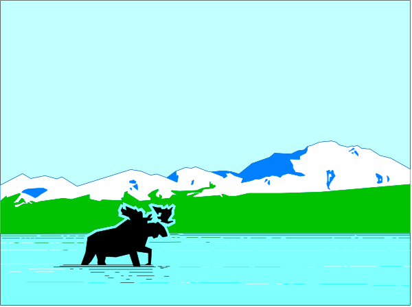 The image shows a cartoon elephant standing on an ice surface with mountains behind it under a blue sky.