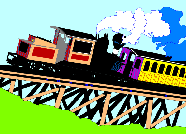 The image shows a colorful cartoon of two trains on tracks with an overpass above them; there is no text present in this clip-art illustration.
