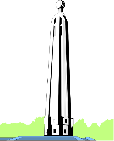 The black and white illustration shows a tall rocket with fins on top against an evening sky background featuring silhouettes of trees in front of it.