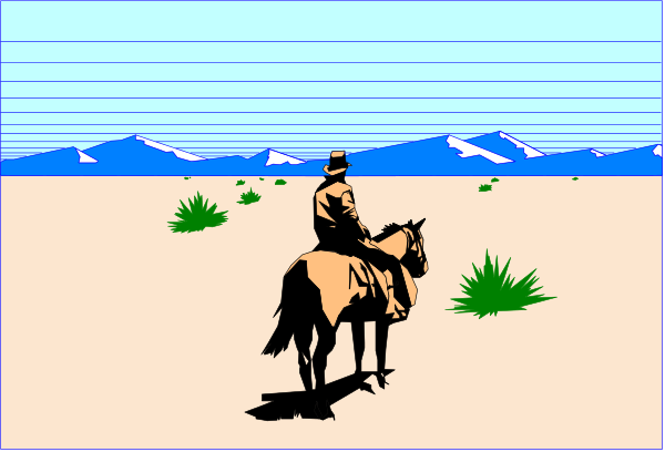The image depicts a scene from an old western movie with two cowboys riding horses on what appears to be desert terrain under clear skies during daylight hours.