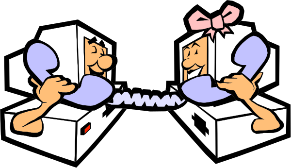 The image shows two cartoon dogs sitting on a bed with their heads resting together as if engaged in conversation; there is no text present within this small clip-art illustration.