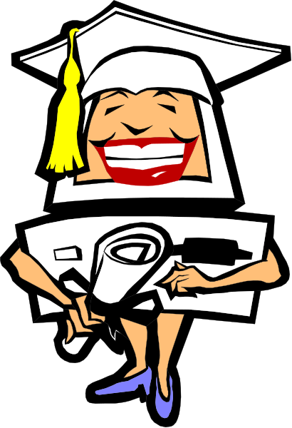The image features a cartoon character that resembles an anthropomorphic graduation cap holding what appears to be a diploma in one hand while sitting on top of another object with wheels attached at its base, which could possibly represent luggage due to their similarity and context provided by the text.
