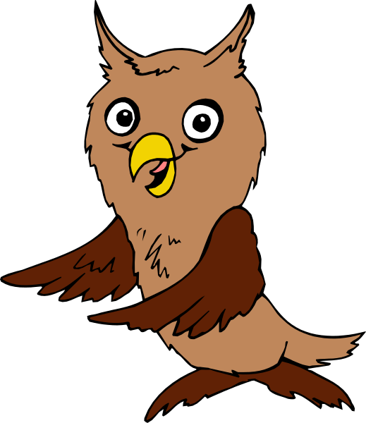 The image shows a cartoon owl with big eyes sitting on top of an open book that is placed next to another closed book.