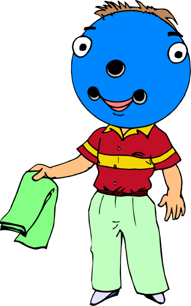 The cartoon shows a person wearing glasses with an exaggeratedly large blue ball for eyes instead of actual eyeballs; this character is holding up what appears to be a green cloth in their right hand while standing against a black background, and there's no text present within the image itself.