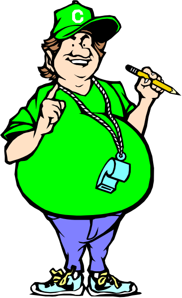 The cartoon depicts a person with an exaggeratedly large stomach standing next to another figure who is holding what appears to be a clipboard in one hand while pointing at it with their other hand.