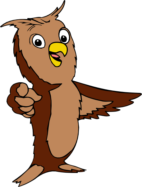 The image features an animated owl character with a speech bubble pointing to itself while standing on two legs against a black background.