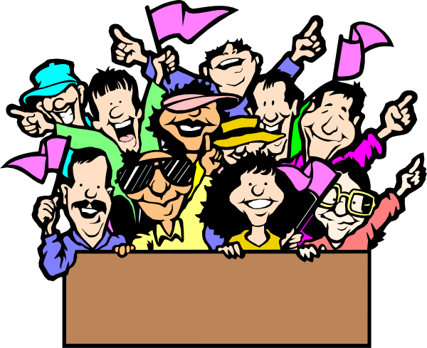 The cartoon shows a group of animated characters celebrating with their arms raised high above them; there is no text present in this image.