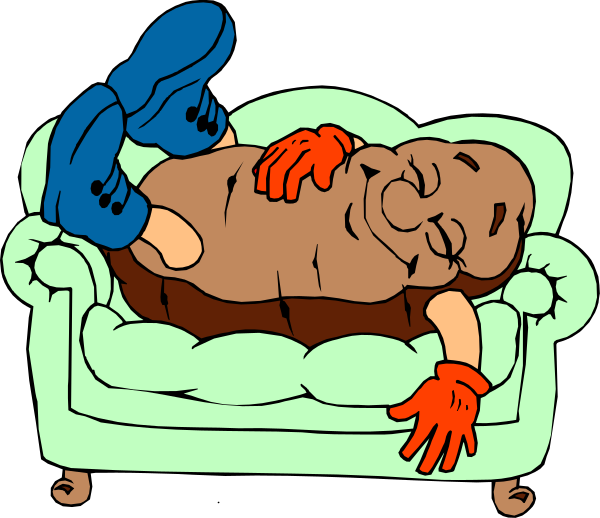 The cartoon depicts a large potato with arms resting on its knees while lying down comfortably on an oversized couch that spans across most of the image; it is wearing orange gloves and has black eyes, giving off a relaxed vibe as if lounging at home in front of a television.