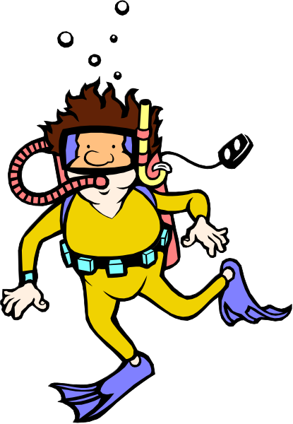 The illustration shows a cartoon scuba diver with red hair wearing yellow diving gear on land next to an underwater scene featuring fish swimming around bubbles from breathing equipment.
