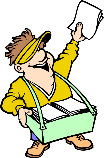 The cartoon depicts a man holding an open pizza box with his left hand while standing on top of it using his right arm to point upwards towards something unseen in front of him.