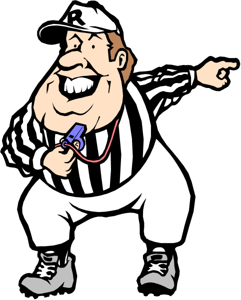 The cartoon depicts a referee pointing with his right hand while holding an object that resembles a whistle in his left hand. He is wearing white pants, black shoes, and has short hair.