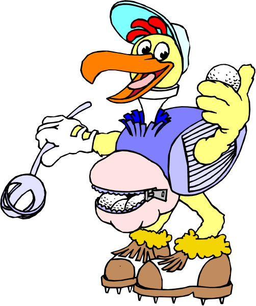 The cartoon features a character that resembles an anthropomorphic chicken dressed as a golfer with golf clubs behind it; holding two eggs in its hands while standing on one leg next to another egg-like object, which appears to be a club head or ball.