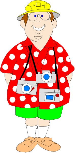The picture shows a cartoon of an overweight man dressed as a tourist with polka dots on his shirt standing next to another figure that appears to be taking pictures while wearing sunglasses.