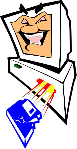 The image shows a cartoon of an old computer with its monitor displaying what appears to be a face making a funny expression next to it is a small blue object that resembles a game controller; there's also lightning bolt-like graphics emanating from both objects, suggesting some sort of interaction or power.