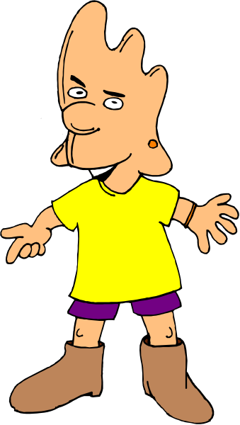The cartoon shows a character with exaggerated facial features standing against a black background; it is drawn in simple lines without shading to indicate depth.