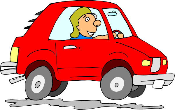 The image shows a red car with black tires on it being driven by an animated character who appears to be female wearing glasses; she is driving down what seems like a street at nighttime under clear skies.