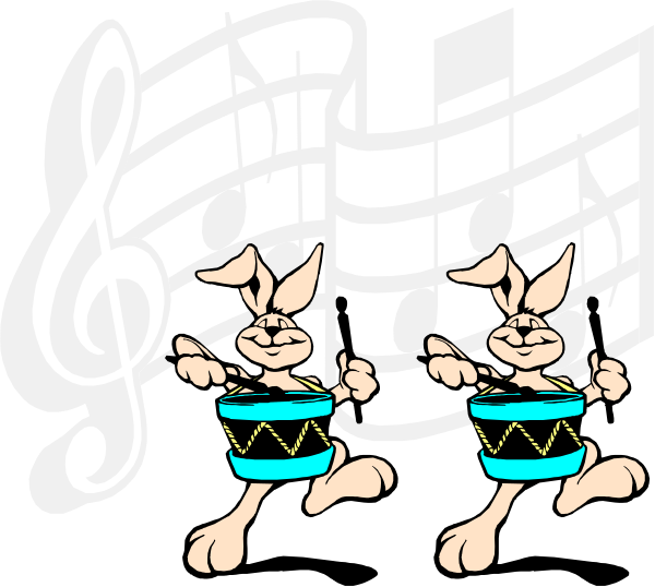 The image shows two cartoon rabbits playing musical instruments: a piano with music notes above it on top of which is another smaller sheet-music paper indicating that this piece has been played before; below them, there's an upright bass also adorned with similar sheets and the same character.