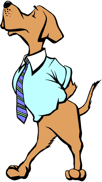 The image shows a cartoon dog dressed as an office worker standing on its hind legs with front paws raised to chest level in what appears to be a human-like gesture of surprise or shock.