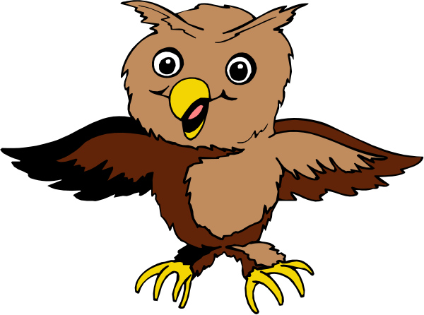 The image shows a cartoon owl with large eyes standing on two legs against a black background.