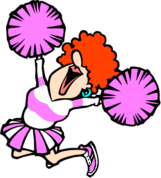 The cartoon depicts a cheerleader with red hair holding pom poms while jumping for joy on what appears to be an athletic field at nighttime.