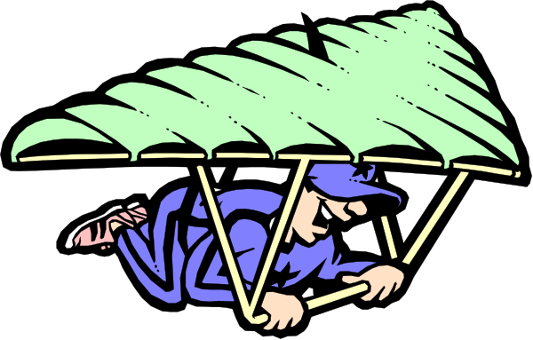 The image shows a cartoon of an inventor sitting under a large umbrella with wings attached to it, suggesting he is flying in his homemade contraption while holding onto two poles that support him from above and below.