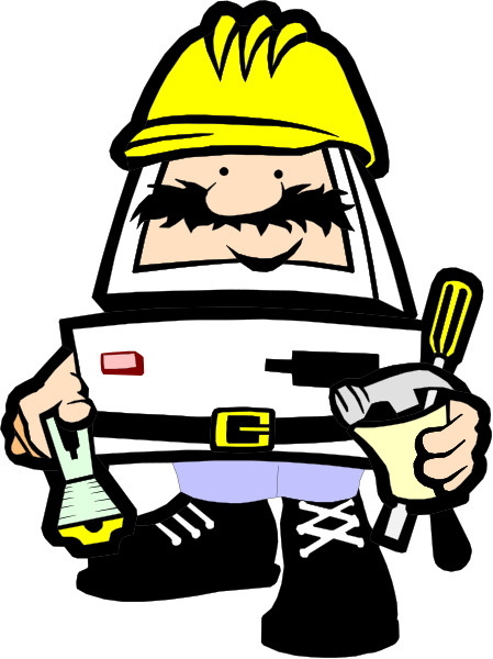 The cartoon depicts a man with mustache holding tools while standing next to an open toolbox on his work truck in front of him; he is wearing overalls and has a beard.
