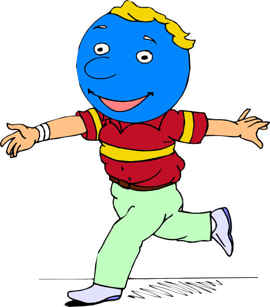The cartoon shows a blue character with blonde hair running to his right while wearing an orange shirt that says "coach" on it; he is smiling broadly as if in motion.