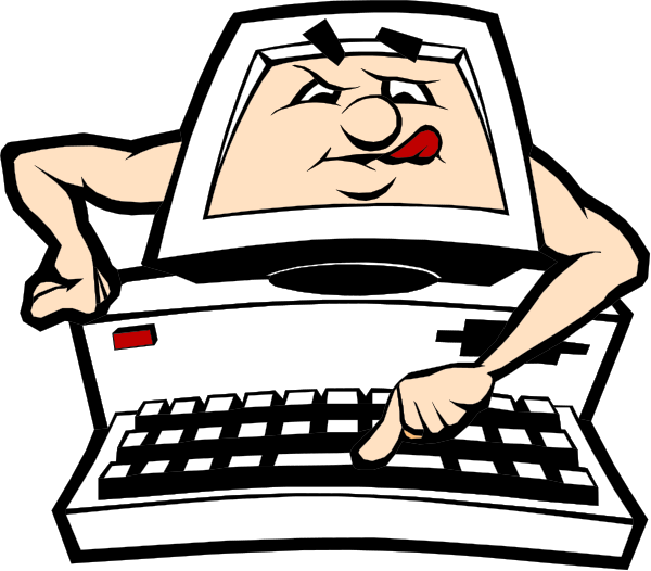 The cartoon shows a computer with an anthropomorphic face sitting atop it, typing on its keyboard while looking upwards as if in surprise or shock.