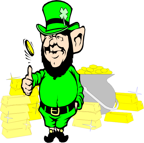 The cartoon depicts a leprechaun standing amidst piles of gold coins with his finger pointing upwards towards them; he is wearing green attire typical to Irish folklore characters such as St Patrick's Day costumes, and there appears to be an exaggeratedly large pot o' gold in the background.