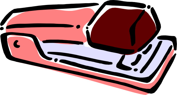 The image shows a stapler with an attached paperclip on top of it next to what appears to be a red object that could possibly represent meat in some contexts but is unclear without additional information about its shape and size, all set against a plain background.