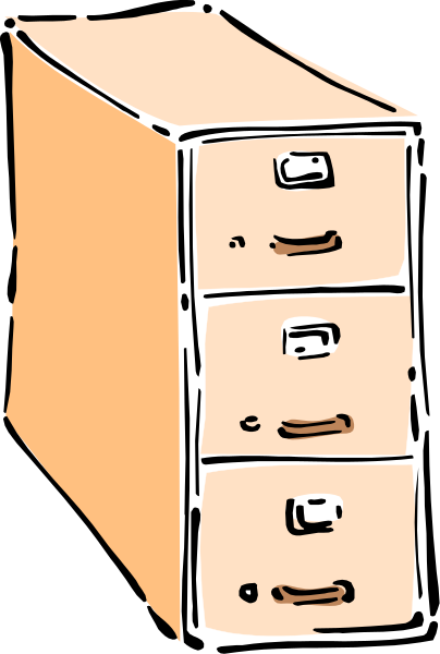 The image shows a simple line drawing of an orange filing cabinet with three drawers on top against a black background.