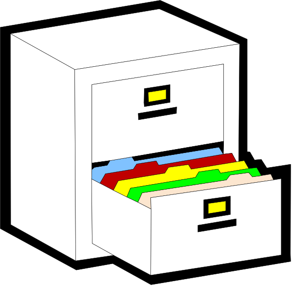 The image shows a white filing cabinet with four drawers open to reveal colorful file folders inside.