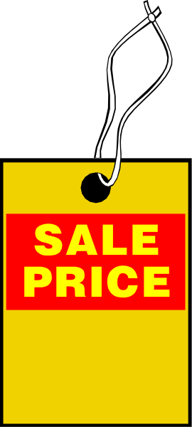 The image shows a sign with text that reads "SALE PRICE" on it against an abstract background featuring geometric shapes in various shades of yellow and red.