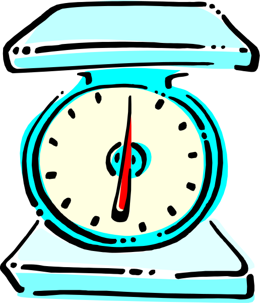 The image shows a digital kitchen scale with an analog needle pointing to 10 pounds on it against a gray background. There is no text present in this clip-art illustration.