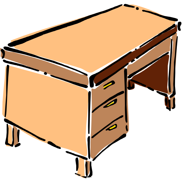 The image shows a simple line drawing of an unoccupied desk with two drawers against a plain background.