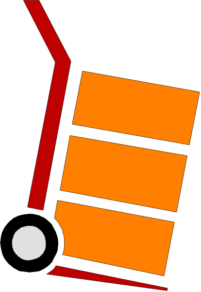 The image shows a cartoon of an orange shopping trolley with wheels on it against a black background.
