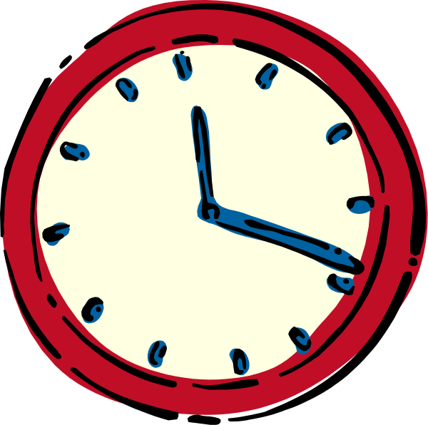 The image shows a red clock with blue hands indicating it's 12:05 pm against an indistinct background featuring what appears to be two clocks in different orientations on either side of each other, creating a mirrored effect; there is no text or additional objects present.