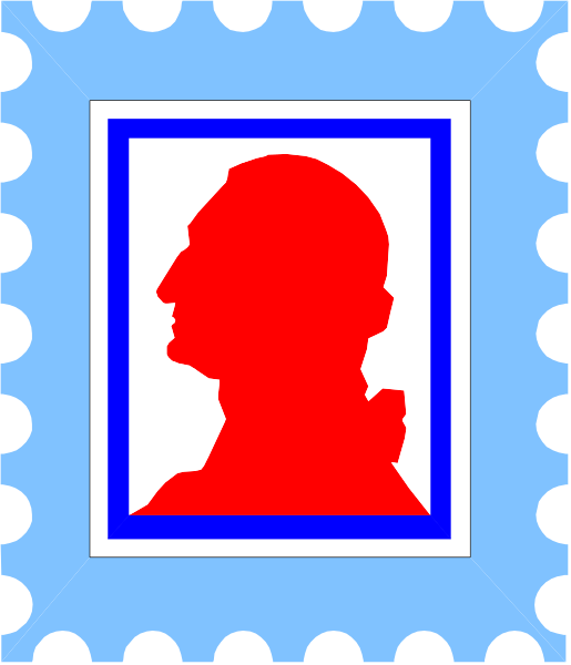 The image shows a postage stamp with an illustration of George Washington's profile on it against blue background.